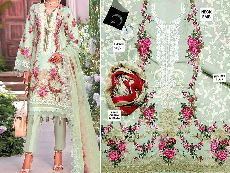 Adorable Embroidered Lawn Suit 2023 with Chiffon Dupatta