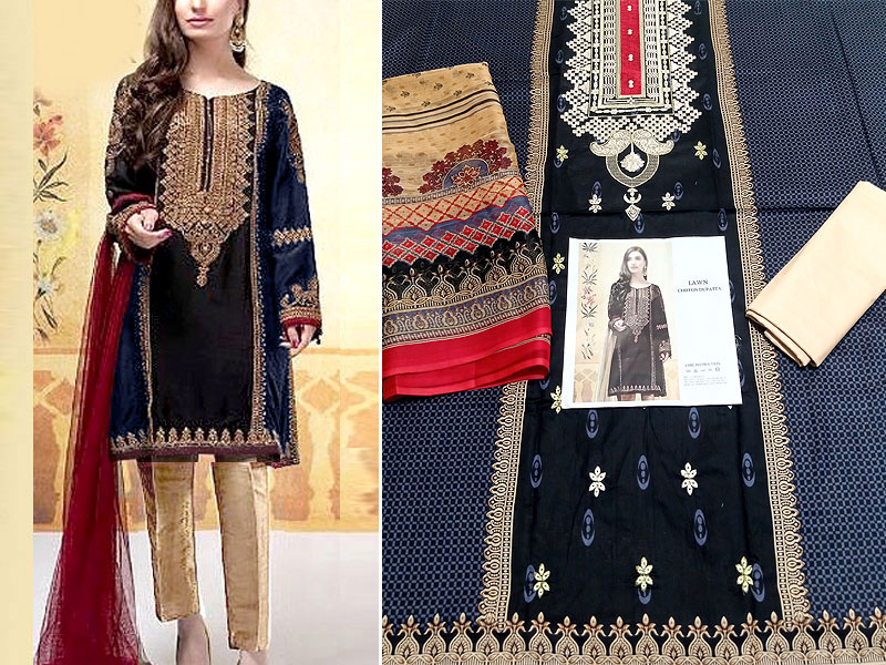 Elegant Embroidered EID Lawn Dress 2024 with Chiffon Dupatta