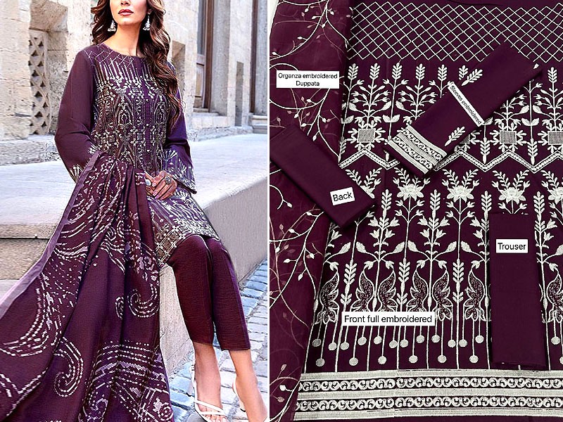 Heavy Embroidered Lawn Dress 2023 with Embroidered Organza Dupatta