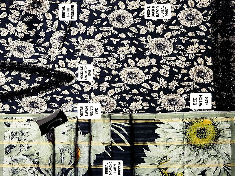 Trendy Sunflower Print Embroidered EID Lawn Dress 2023 with Diamond Lawn Dupatta