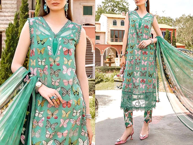 Trendy Butterfly Print Embroidered Lawn Dress 2024 with Diamond Lawn Dupatta