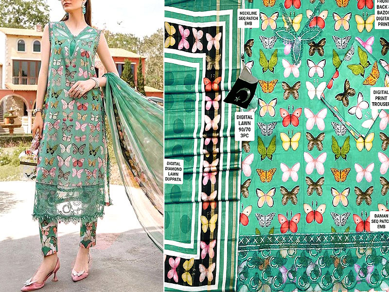 Trendy Butterfly Print Embroidered Lawn Dress 2023 with Diamond Lawn Dupatta