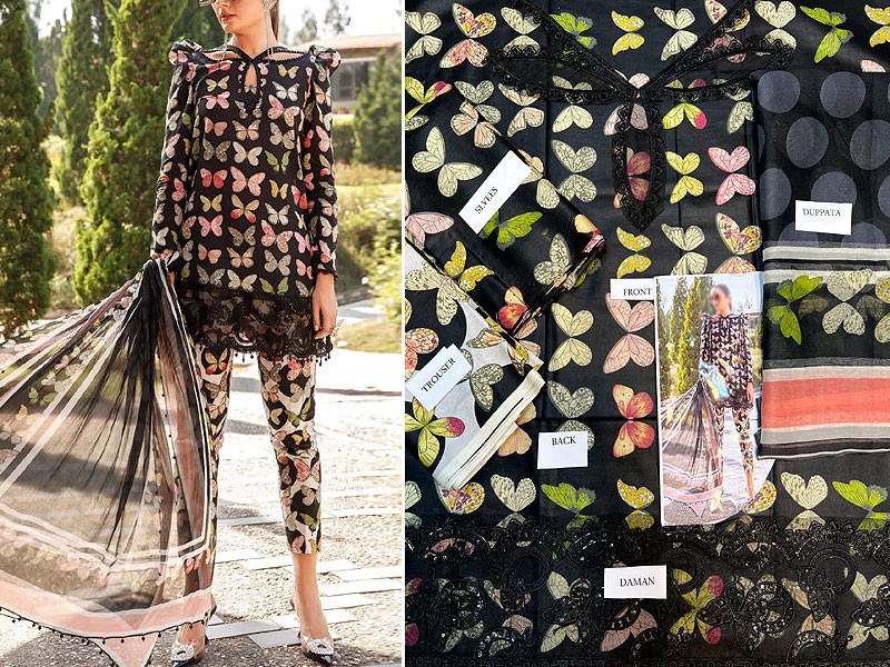 Trendy Butterfly Print Embroidered Lawn Dress 2023 with Chiffon Dupatta