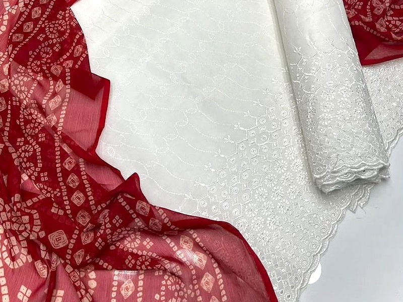 Embroidered Chikankari Cotton Dress with Chunri Print Chiffon Dupatta