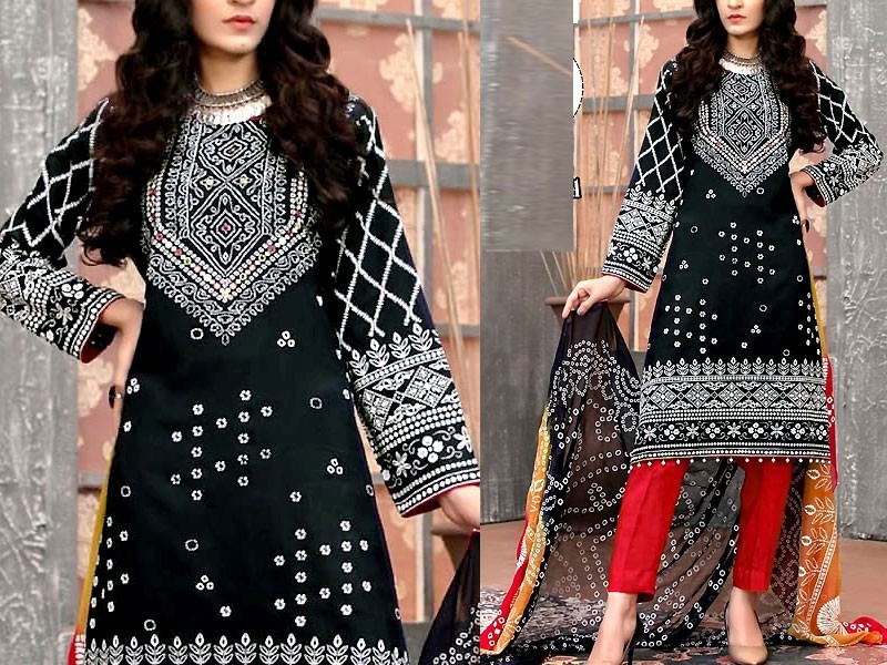 Embroidered Chunri Print Lawn Dress 2023 with Chiffon Dupatta Price in Pakistan