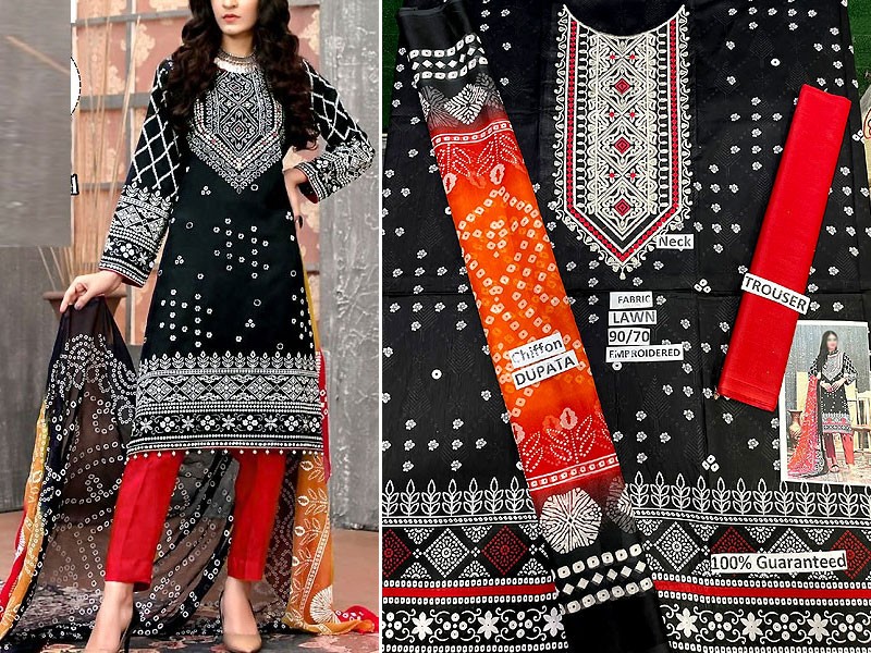 Embroidered Chunri Print Lawn Dress 2023 with Chiffon Dupatta