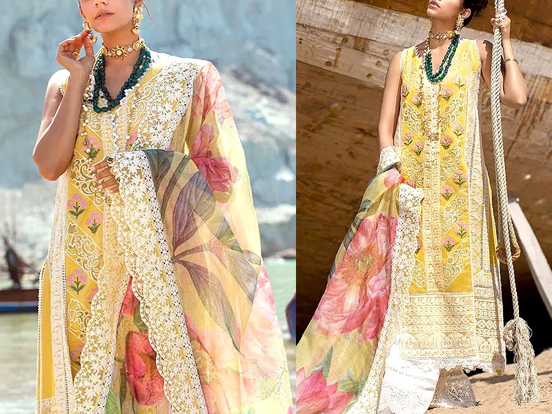 Luxurious Schiffli Embroidered Lawn Dress with 4-Side Embroidered Organza Dupatta Price in Pakistan