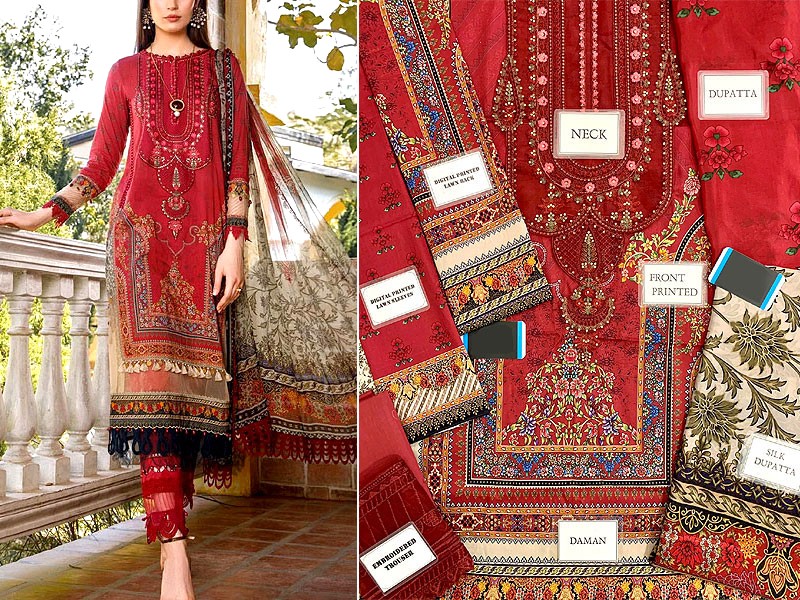 Luxury Embroidered EID Lawn Dress with Digital Print Silk Dupatta
