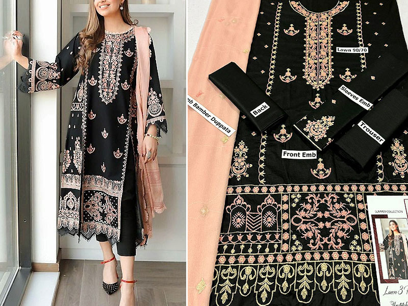 Heavy Embroidered Lawn Suit 2024 with Bamber Chiffon Dupatta