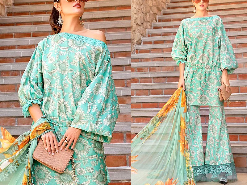 Trendy Sunflower Print Embroidered EID Lawn Dress 2023 with Digital Print Silk Dupatta Price in Pakistan