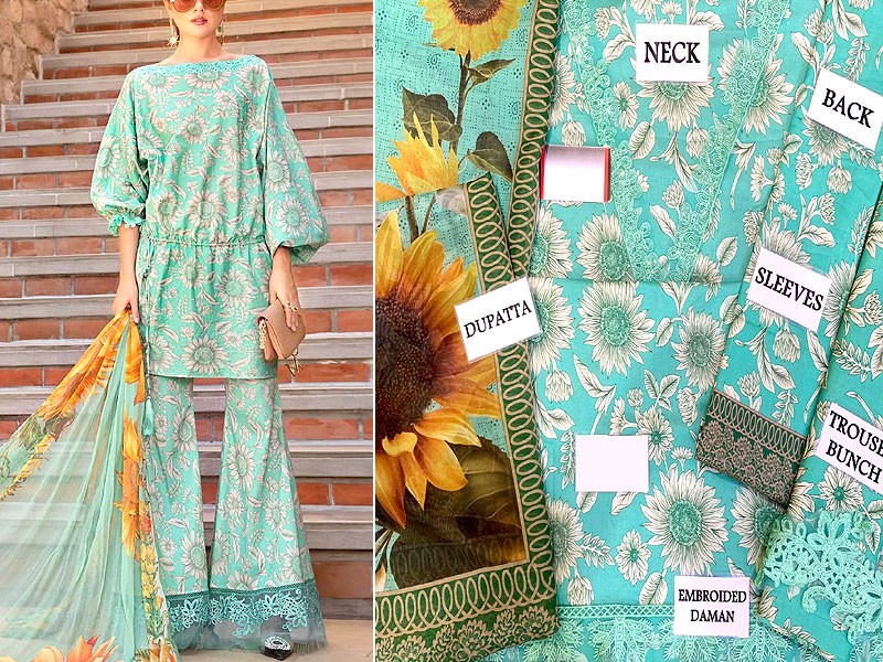 Trendy Sunflower Print Embroidered EID Lawn Dress 2023 with Digital Print Silk Dupatta