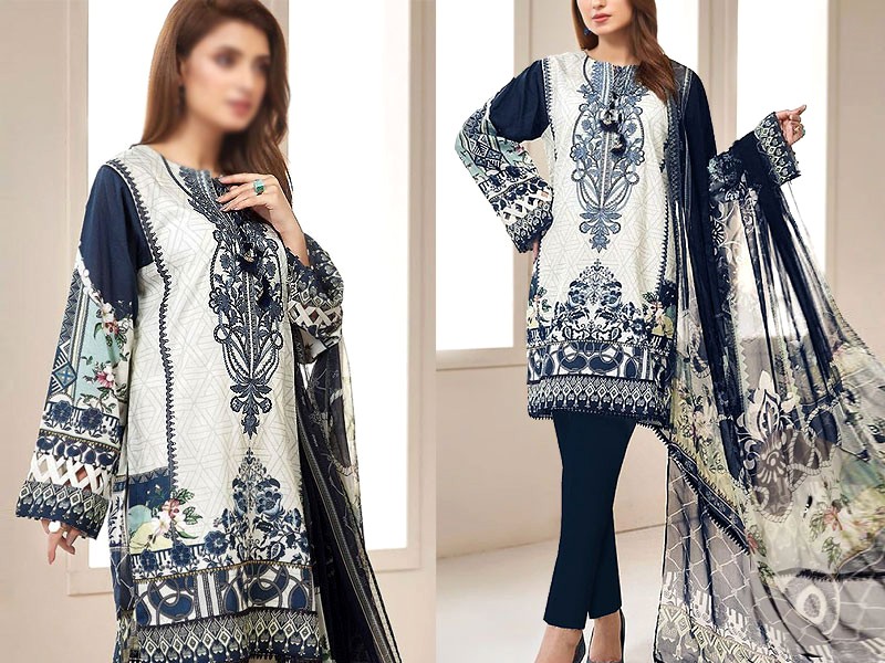 Decent Embroidered Lawn Dress with Chiffon Dupatta Price in Pakistan