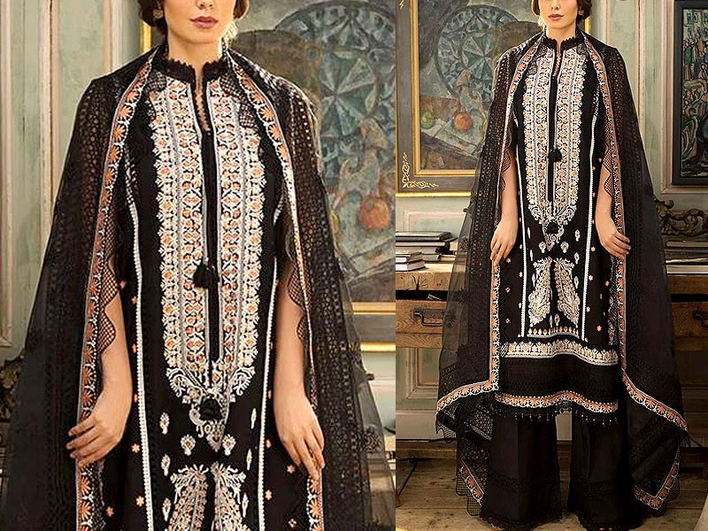 Embroidered Black Lawn Dress 2023 with Chiffon Dupatta