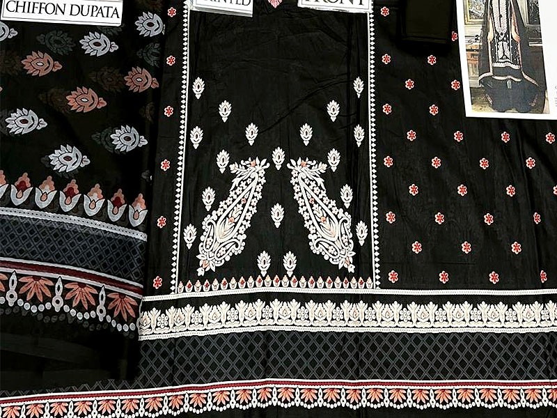 Embroidered Black Lawn Dress 2024 with Chiffon Dupatta