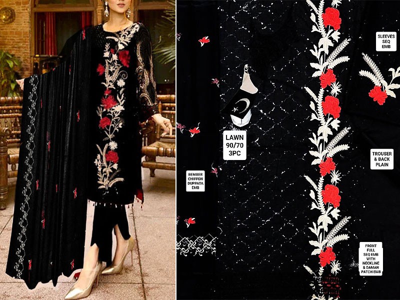 Luxury Sequins Embroidered Lawn Dress 2023 with Bamber Chiffon Dupatta