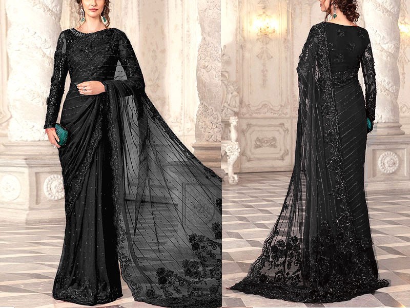 Luxury Embroidered with Handwork Black Net Saree 2023 Price in Pakistan