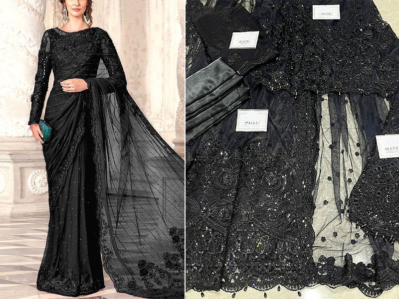 Luxury Embroidered with Handwork Black Net Saree 2023