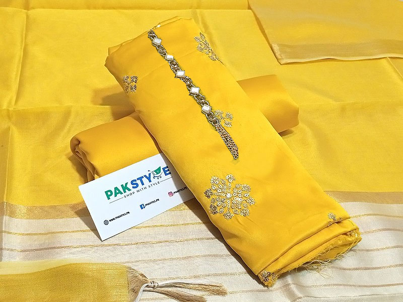 Fancy Sequins Embroidered Shamoz Silk Dress with Embroidered Chiffon Dupatta Price in Pakistan