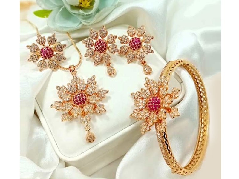 Elegant Floral Design Locket Set with Kara Bracelet & Earrings Price in Pakistan