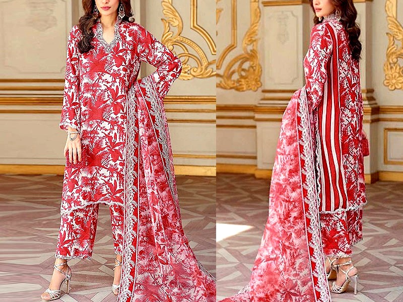 Trendy Butterfly Print Embroidered Lawn Dress 2023 with Chiffon Dupatta Price in Pakistan