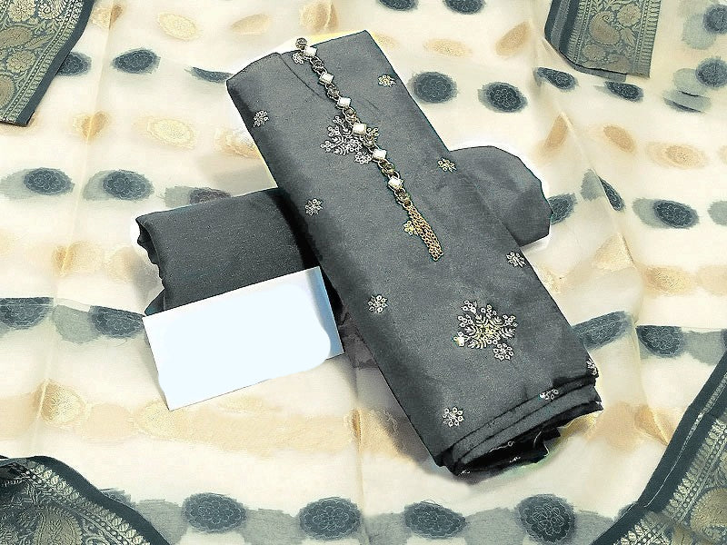 Fancy Sequins Embroidered Shamoz Silk Dress with Embroidered Chiffon Dupatta Price in Pakistan
