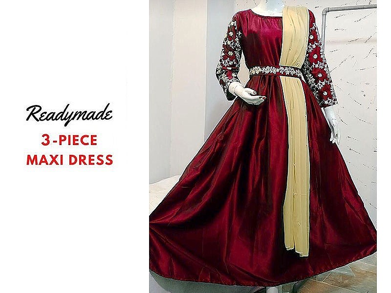 Readymade 3-Piece Embroidered Silk Maxi Dress with Chiffon Dupatta