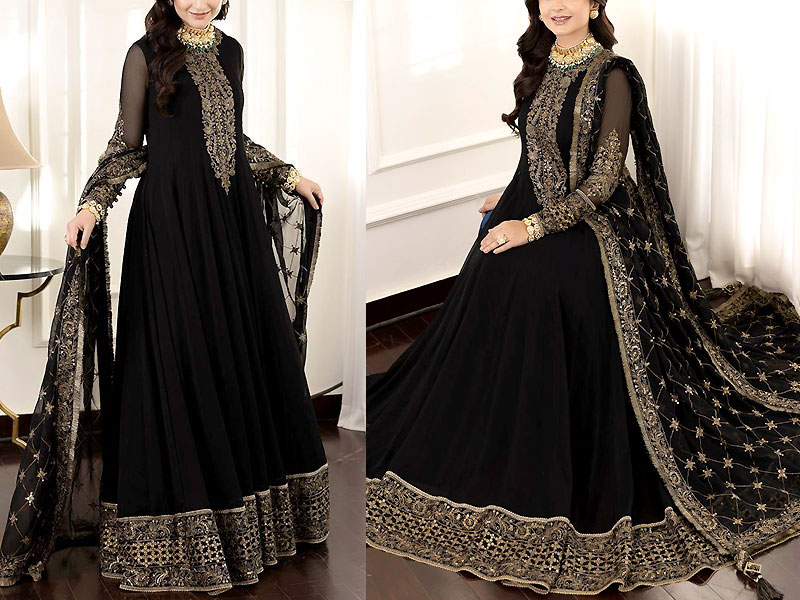 Graceful Embroidered Black Chiffon Party Wear Dress with Organza Dupatta Price in Pakistan