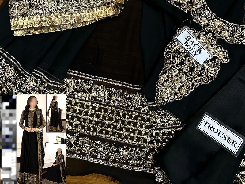 Elegant Embroidered Black Chiffon Maxi Dress with Embroidered Net Dupatta