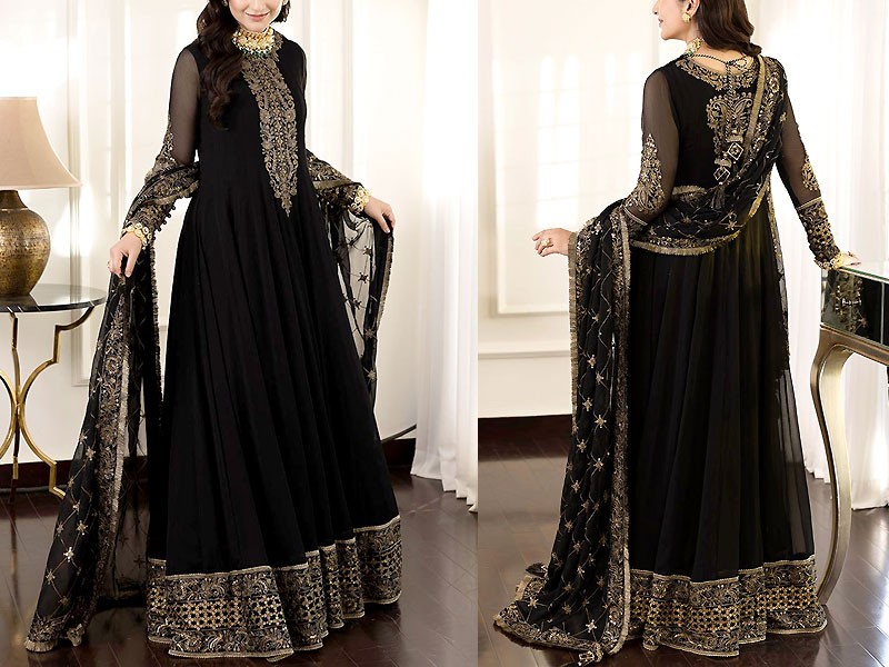 Embroidered Black Chiffon Maxi Dress with Embroidered Net Dupatta Price ...