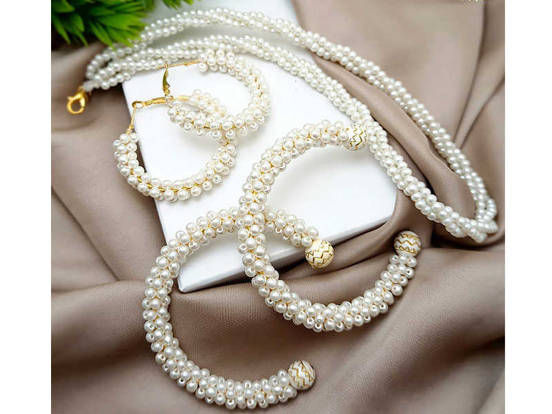 Elegant Faux Pearl Mala Set with Pearl Kangan & Earrings