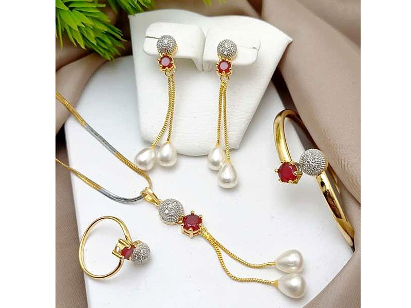 AD Zircon Necklace Set with Adjustable Bracelet & Ring