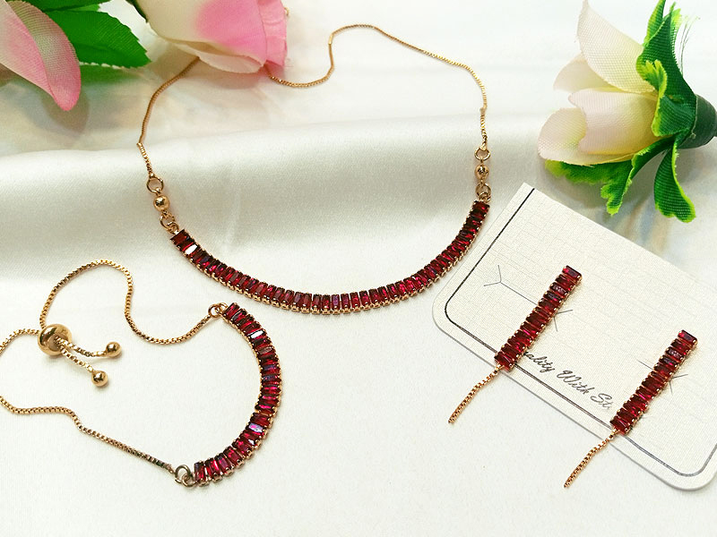 Stylish Red Stones Studded Necklace Set with Up-Down  Bracelet & Earrings