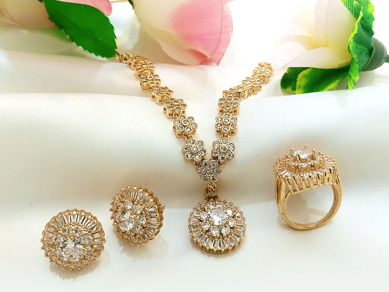 Gold Plated Party Wear Jewelry Set with Earrings & Rings