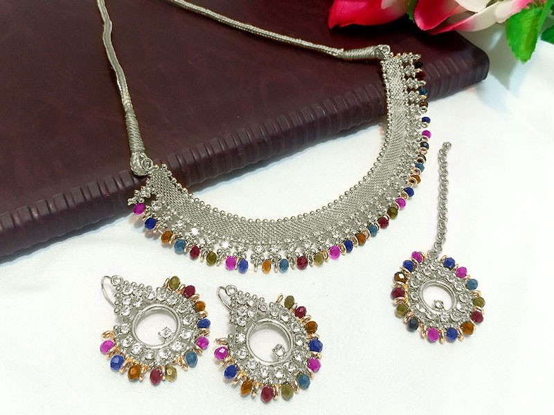 Multicolor Stones Silver Jewelry Set with Earrings & Tikka