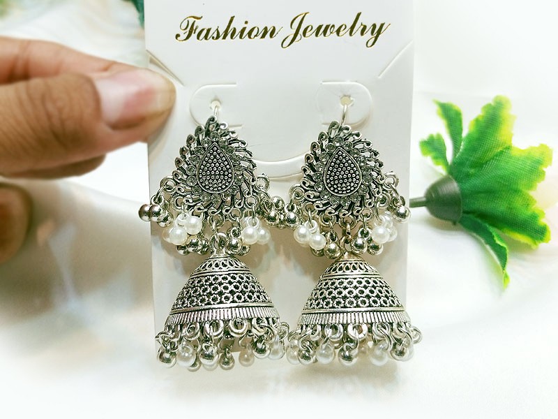 Antique Style Silver Jhumki Earrings for Girls