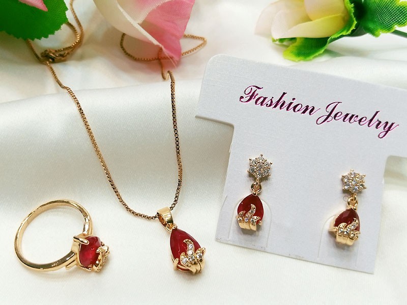 Beautiful Faux Ruby Necklace, Earrings & Ring Jewelry Set of Your Color Choice