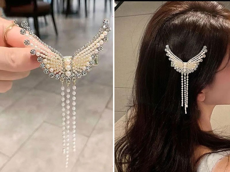 Rhinestone Pearl Angel Wings Design Headdress Hair Clip
