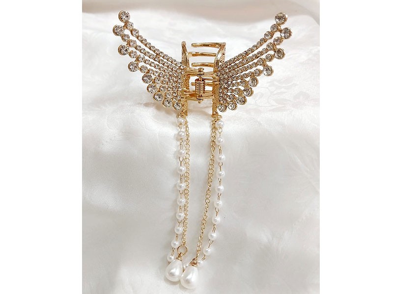 Rhinestone Pearl Angel Wings Design Hair Catcher - Golden
