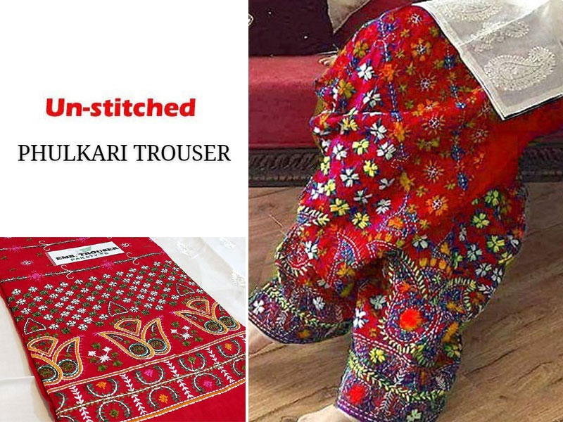 Unstitched Phulkari Embroidery Cotton Trouser Only - Red Price in Pakistan