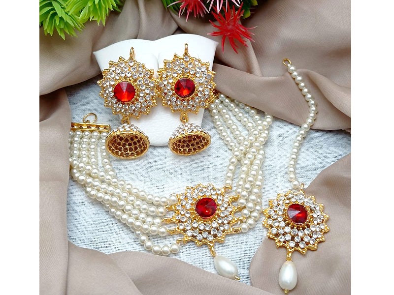 Elegant Pearl Choker Set with Jhumka Earrings & Teeka