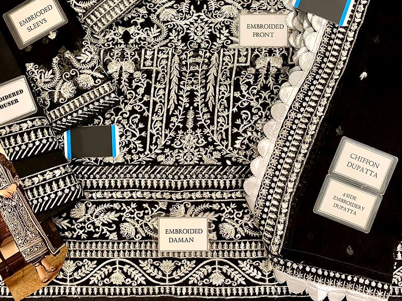 Heavy Embroidered Black Chiffon Wedding Dress 2023