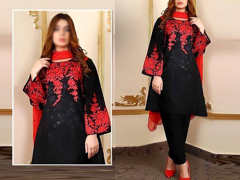 Trendy 2-Piece Embroidered Black Linen Dress 2024