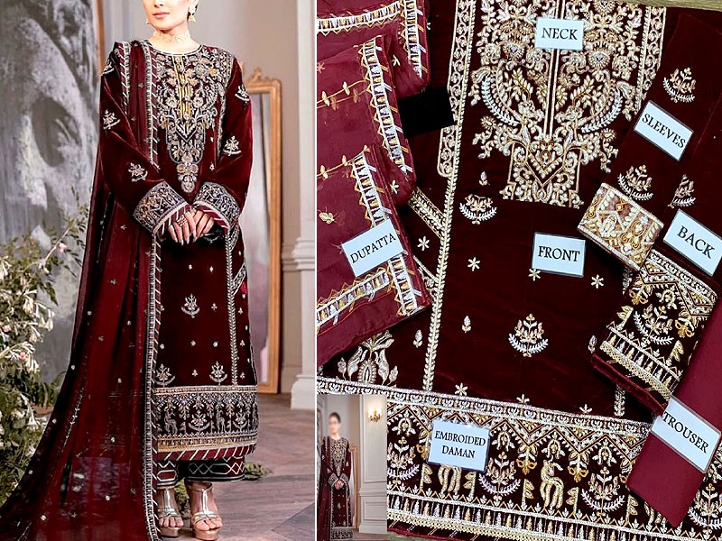 Luxury Embroidered Maroon Velvet Wedding Dress 2023