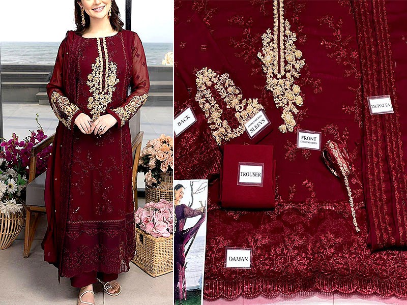 Heavy Embroidered Maroon Chiffon Wedding Dress 2023
