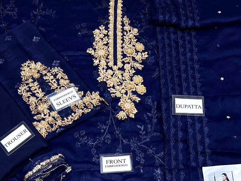 Heavy Embroidered Navy Blue Chiffon Wedding Dress 2024