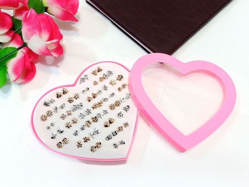36 Pairs Mix Silver Golden Stud Earrings Set for Girls with Heart Shape Gift Packing
