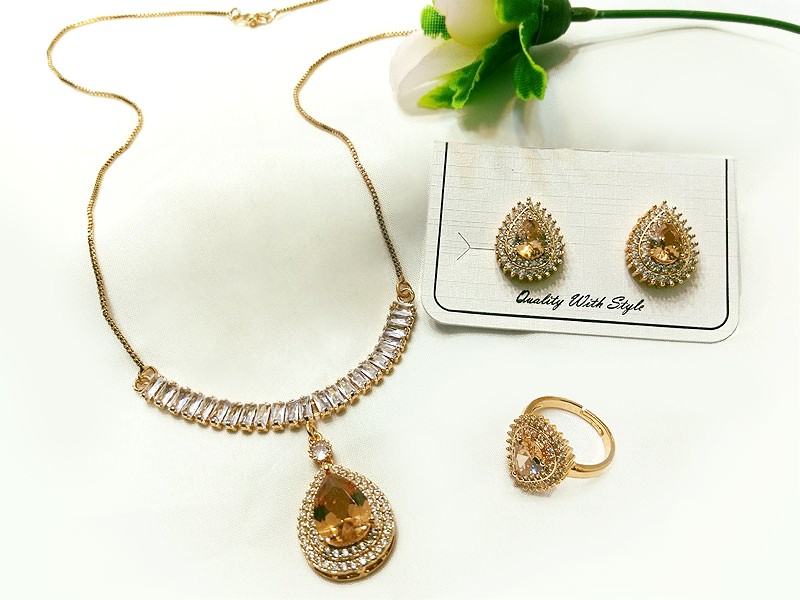 Champagne Stones Party Wear Necklace Set with Earrings & Rings