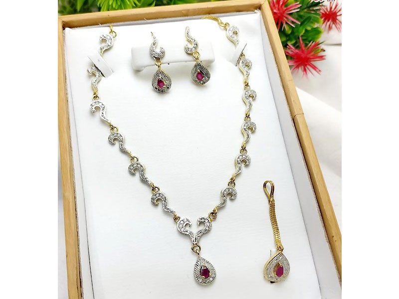 Indian Zircon Jewelry Set with Earrings & Teeka