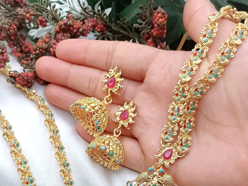 Indian Rajwadi Jewellery Set with Mala, Necklace & Jhumkis
