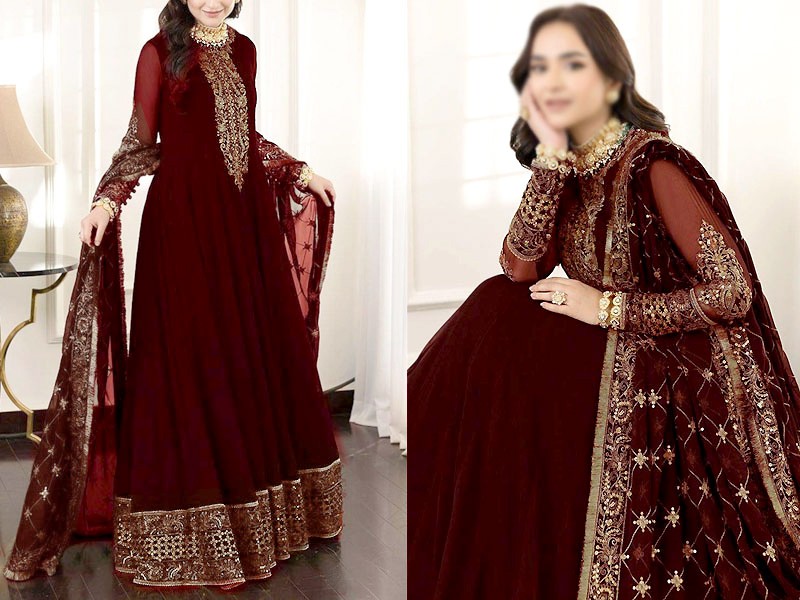 Embroidered Maroon Chiffon Maxi Dress with Embroidered Net Dupatta Price in Pakistan
